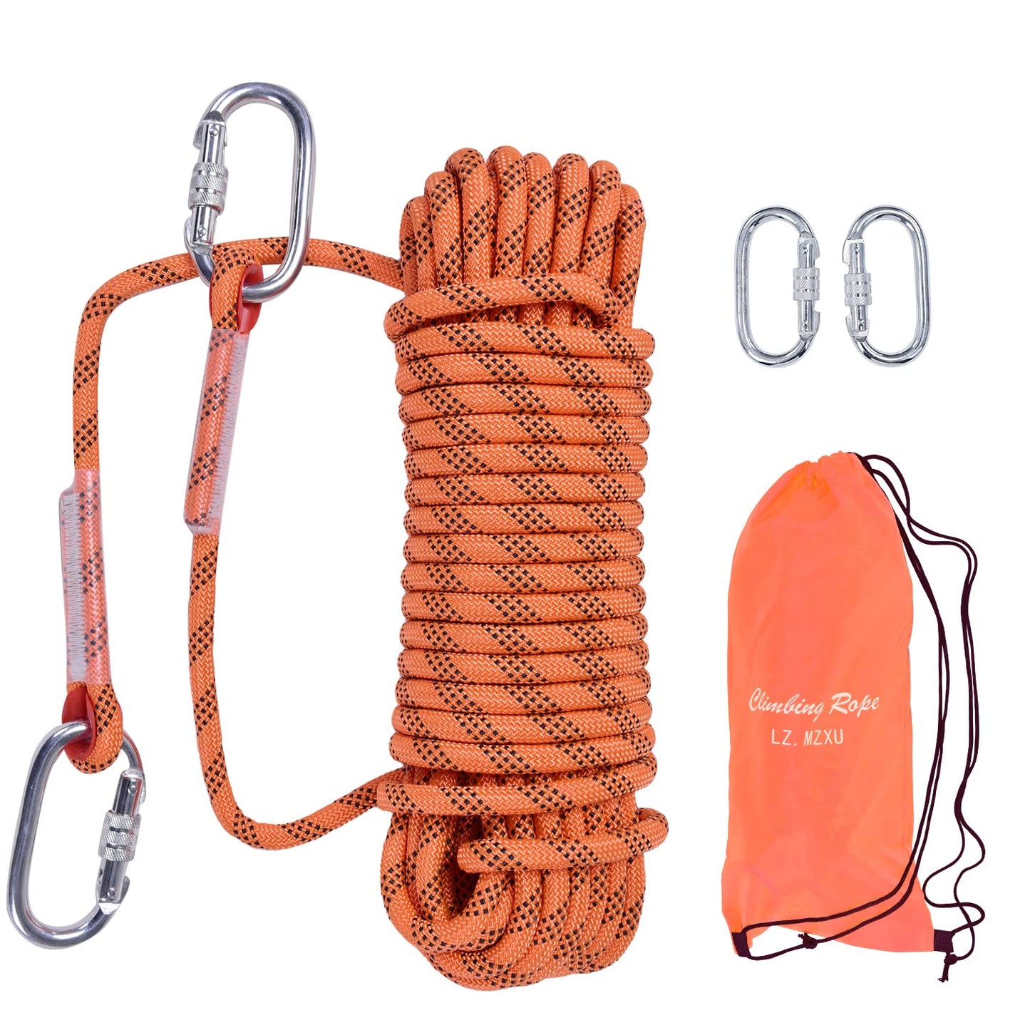 LZ.MZXU Climbing Rope, 12mm Static Climbing Ropes, 32FT(10M) 65FT(20M) 100FT(30M) 164FT(50M) Outdoor Rock Climbing Rope with Hook, Safety Rappelling Ropes, Fire Rescue Parachute(Orange, 100FT)