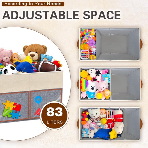 HISULIV 1 Pack Large Toy Storage Box with Clear Lids Collapsible Toys Chest Organizer Bin Basket with Adjustable Dividers for Kids Boys Girls Living Room Nursery Playroom Closet Beige and Grey