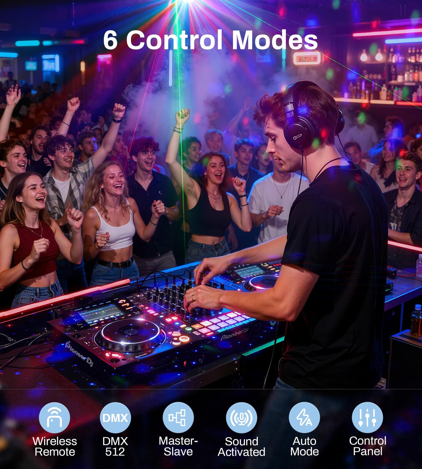 EYTSE DJ Lights for Parties, Pro 8 in 1 DMX512 Laser Light Show with Disco Ball Light, RGB and Gold Strobe,UV Black Lights-Sound Activated LED Lighting for Home, Karaoke, Clubs, Gigs, and DJ Lighting