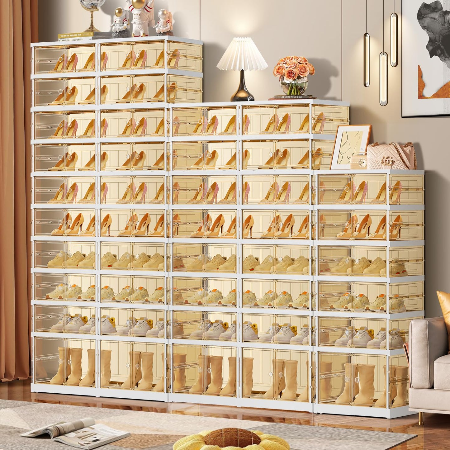 EHAMILY 6 Tiers 6-12 Pairs Foldable Shoe Boxes Large Plastic Shoe Storage Rack Collapsible Shoe Organizer for Closet Tall Shoe Shelf Clear Stackable Shoes Cabinet with Doors Entryway