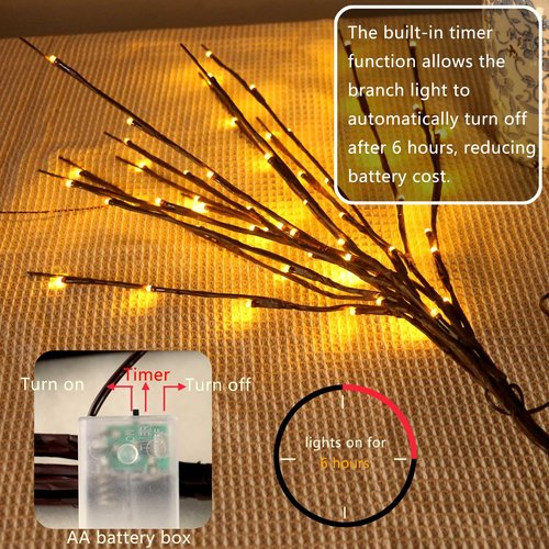 3PCS LED Lighted Branches Lights with Timer Battery Operated, 30 INCH Artificial Willow Brown Branches with Warm White Fairy Lights Vase Decorative Sticks for Home Christmas Party Holiday Home Decor