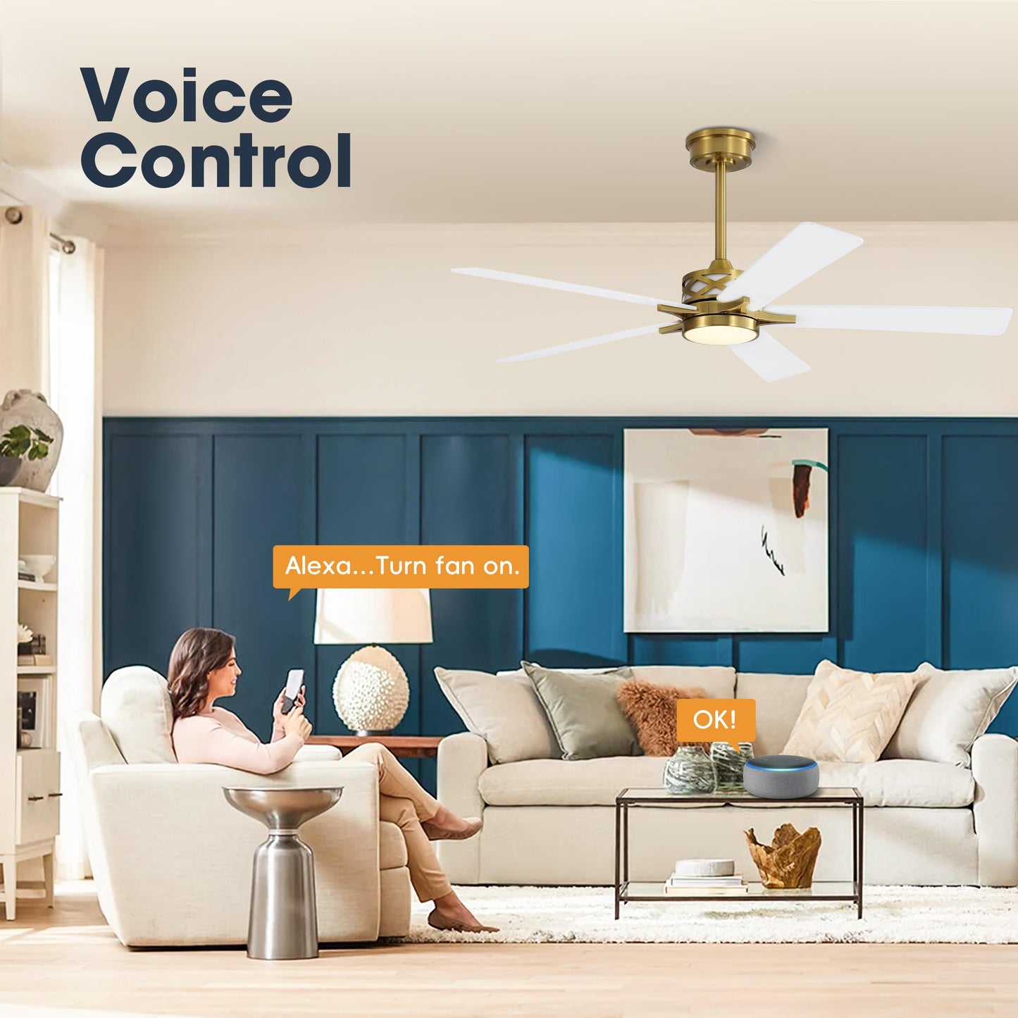 WINGBO 52" Smart Ceiling Fan with Lights, 5 Plywood Blades, 6 Speeds Reversible DC Motor, Works with Alexa and Google Assistant, 3CCT Dimmable LED Ceiling Fan for Bedroom Living Room, Brass and White