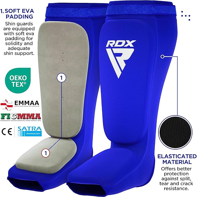 RDX Shin Guards Kickboxing Muay Thai, SATRA Approved, MMA Leg Instep Protection Pads, Sparring Training Martial Arts Boxing, Elasticated Padded Protector, Karate BJJ Taekwondo Gear, Men Women