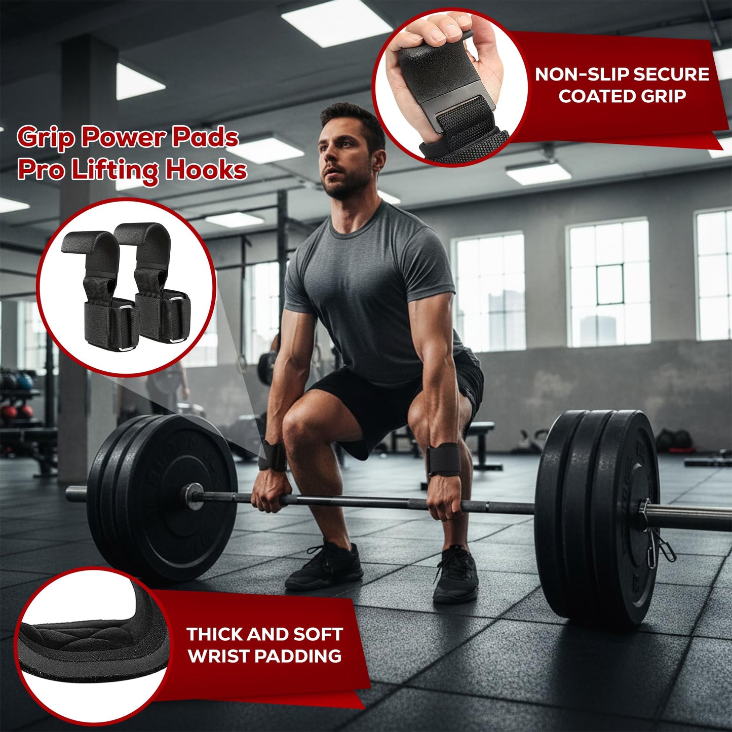 Weight Lifting Hooks (Pair) with Padded Wrist Straps – Heavy Duty Steel Grip Support for Deadlifts, Powerlifting, Bodybuilding & Pull-Ups – Gym Training Hooks for Men & Women