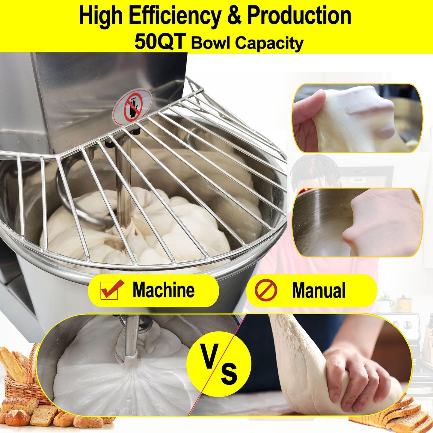LGXEnzhuo 50L Commercial Dough Mixer with Dual Rotation and Double Speed, 110V 2200W Electric Dough Kneading Machine - Stainless Steel, Spiral Hook, Emergency Stop, for Pizze and Bread