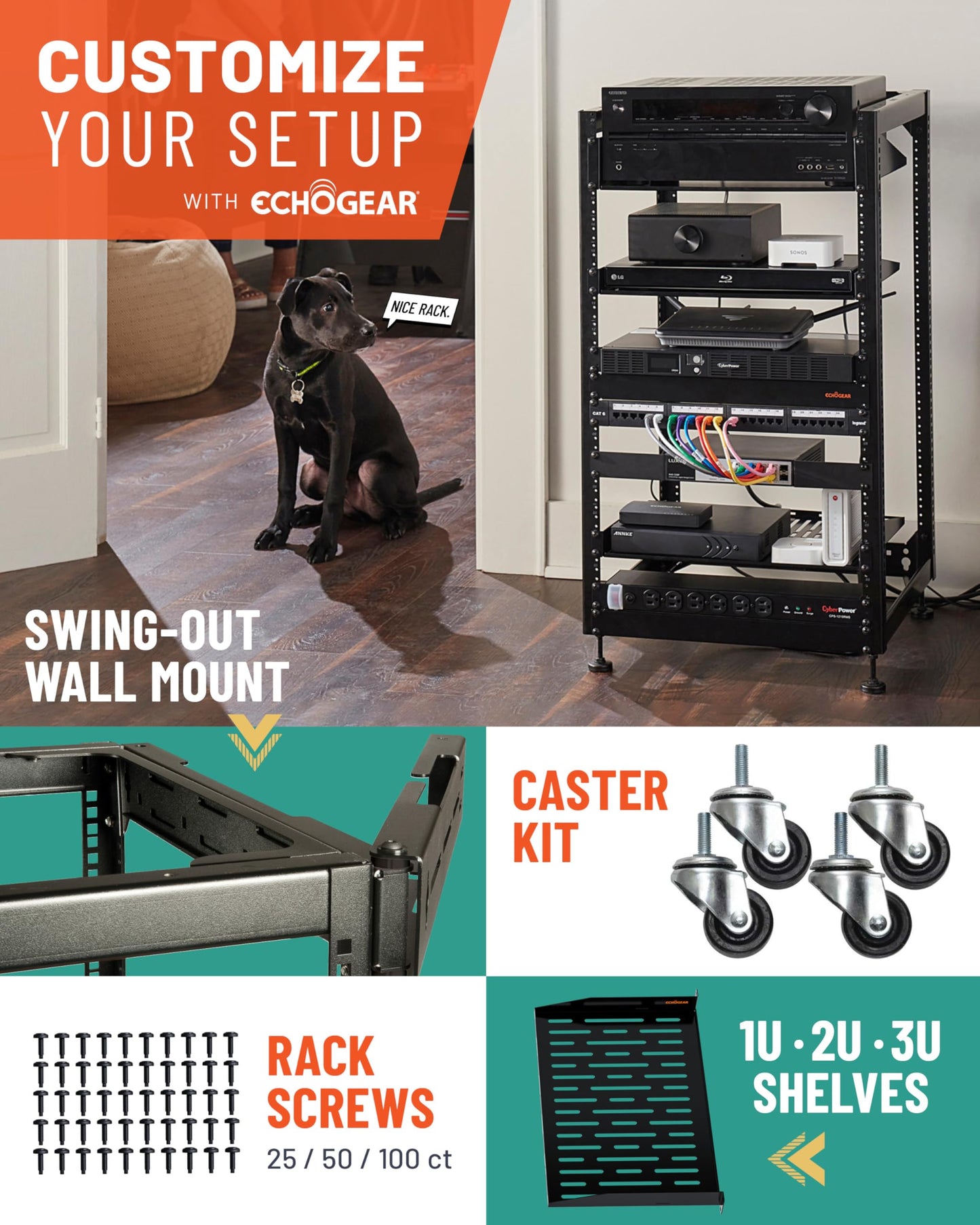ECHOGEAR 20U Open Frame Rack for Servers & AV Gear - Wall Mountable Design Includes 2X Vented Shelves, 25x Rack Mounting Screws, 4X Leveling Feet, 4X Shelf Stops, & 2X Securement Straps