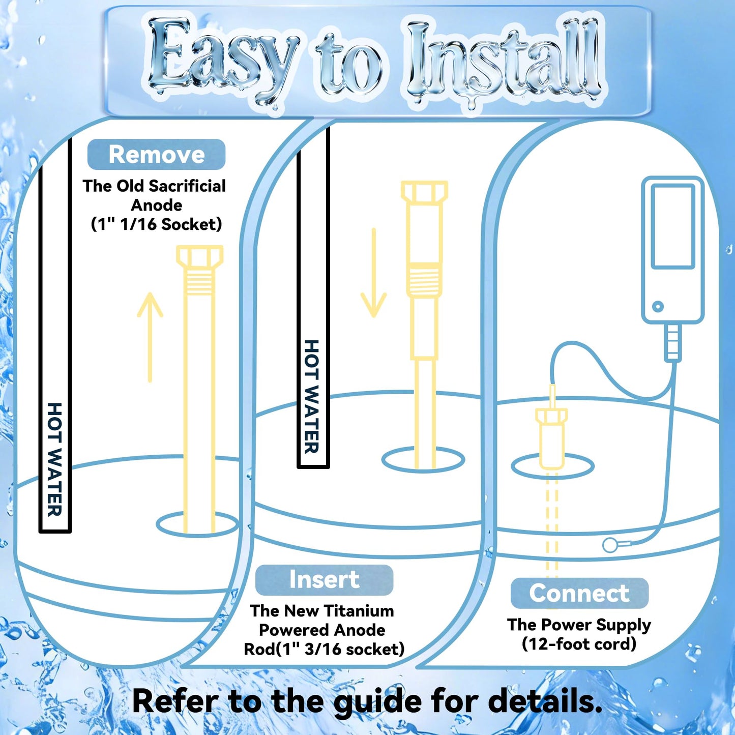 Powered Anode Rod, for 40-89 Gallon Water Tank Except Bradford White, Titanium Electrical Anode Rod for Water Heater, Prevent Inner Tank Corrosion and Stop Leaks, Reduce Sediment Buildup and Scale