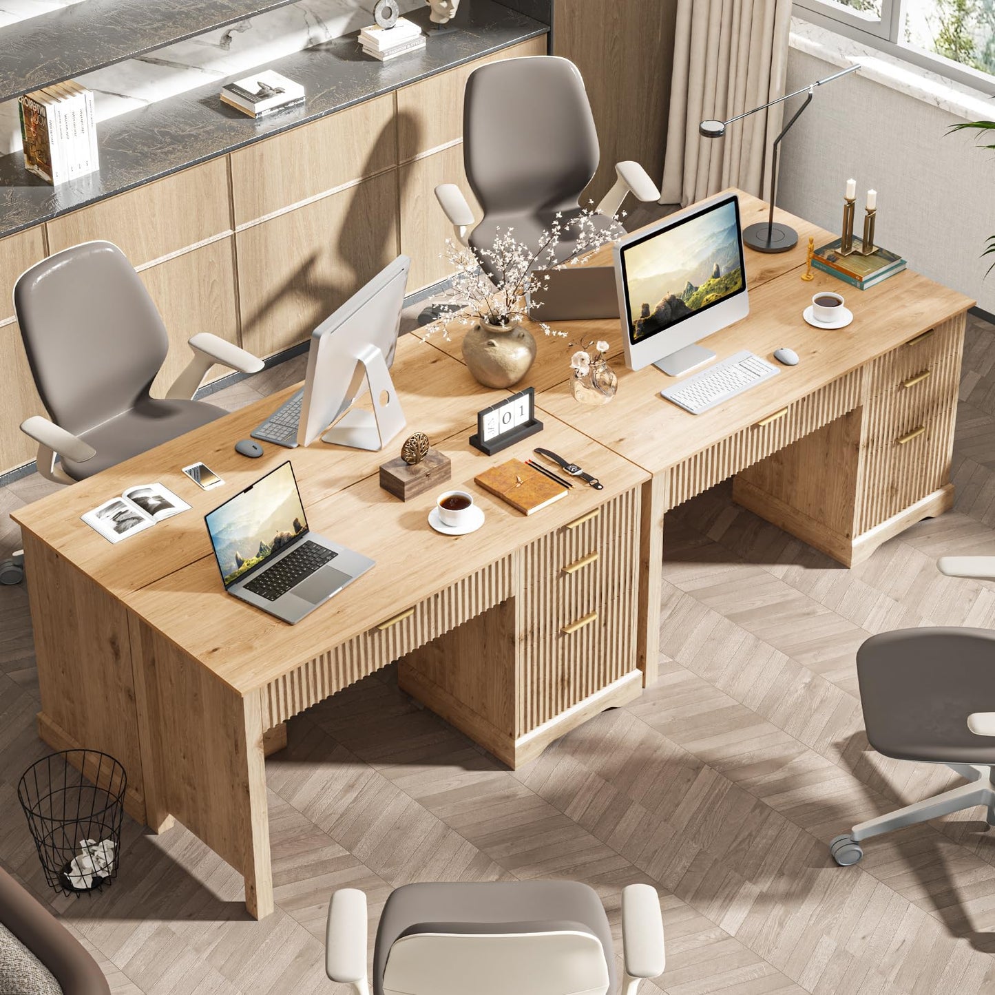 Vabches Fluted Executive Desk with Drawers, Wood Computer Desk with Ample File Drawer, Home Office Desk with Storage for Study, Bedroom, Living Room, Oak