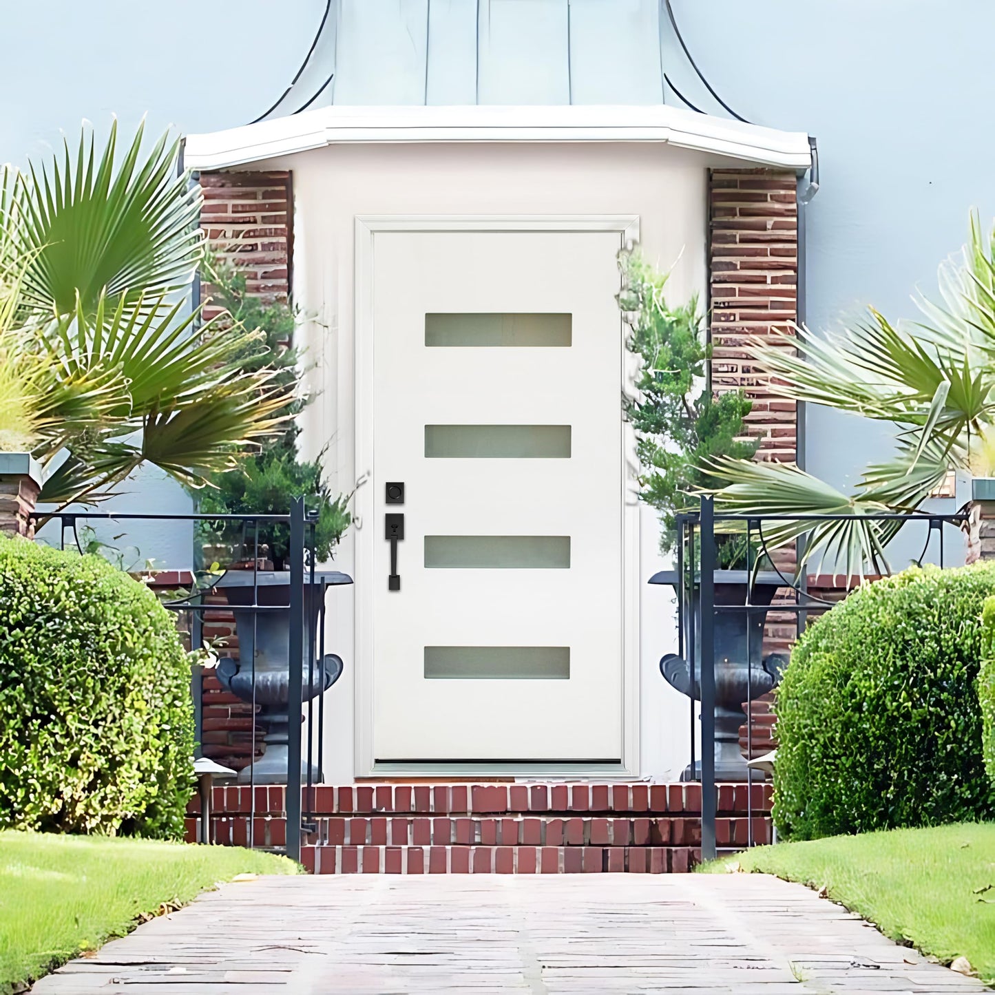 Fiberglass Exterior Front Door 36x80In, Right-Hand Inswing Featuring 4-Lite Frosted Glass White Primed Knock-Down Entry Door with Brickmould and Vinyl Frame