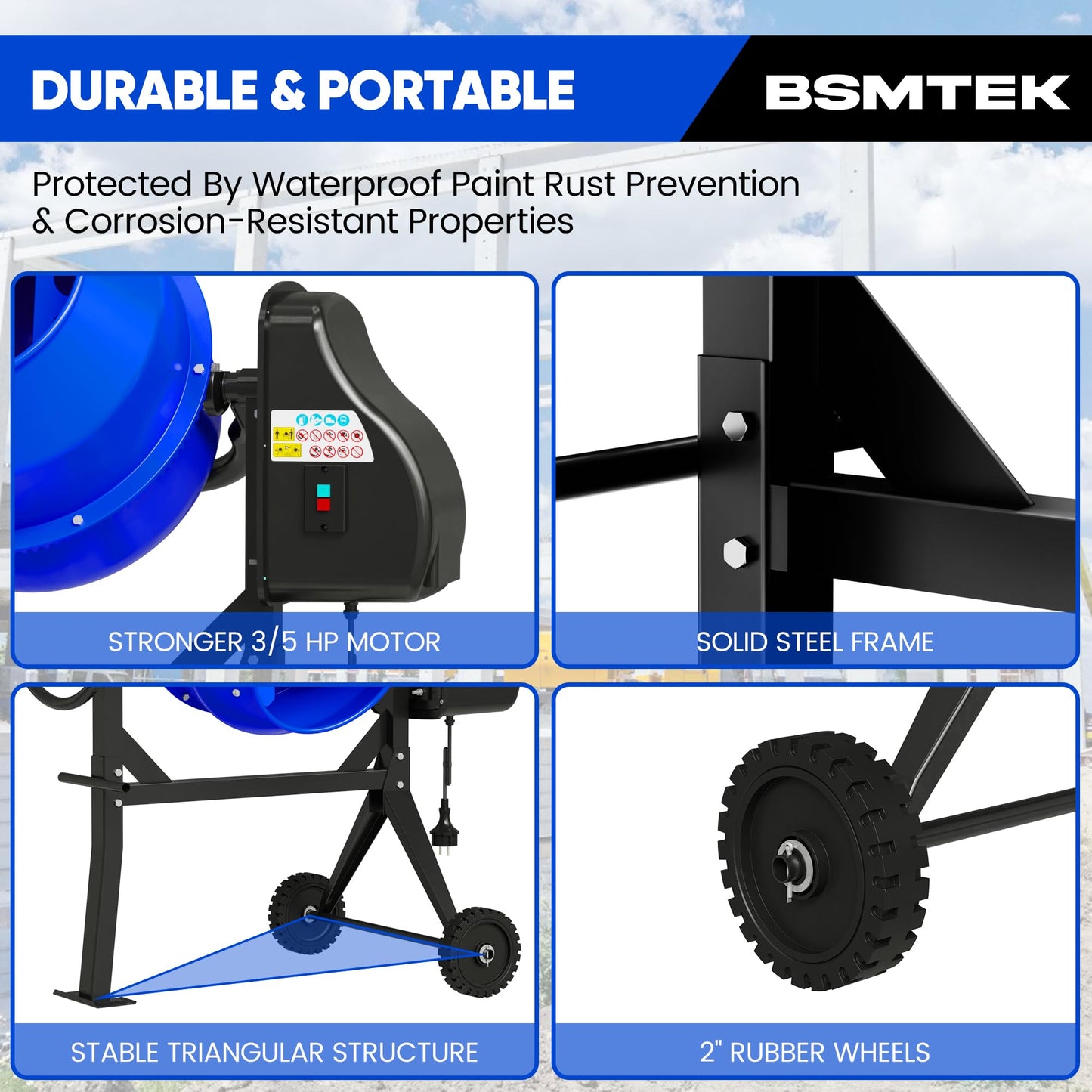 BSMTEK Electric Cement Mixer, 4.3 Cubic Ft. 450W Portable Concrete Mixer Machine with Stand And Wheels for Stucco, Mortar, Seeds, Blue-2026 Upgraded
