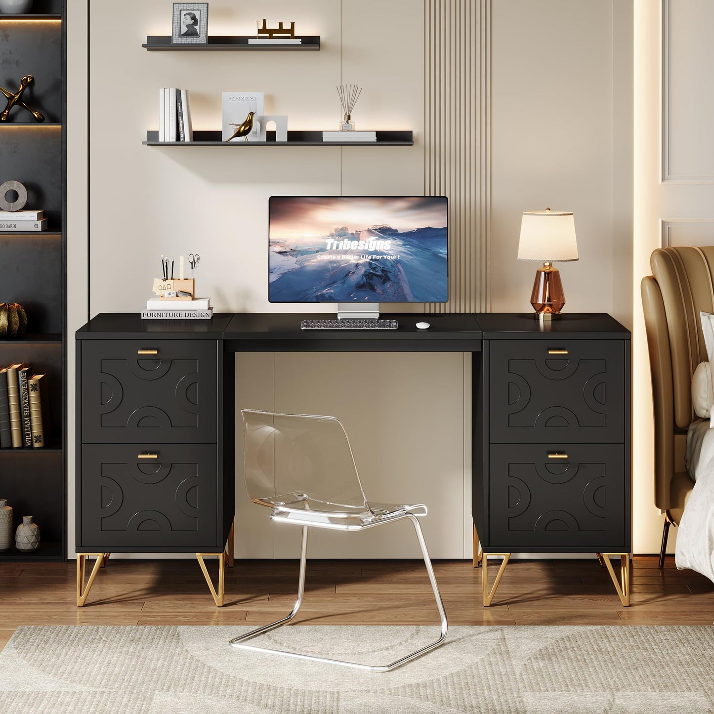 Tribesigns 59-Inch Black Executive Computer Desk with 4 File Drawers Storage, Modern Writing Table, Luxury Desk with Gold Legs for Home Office