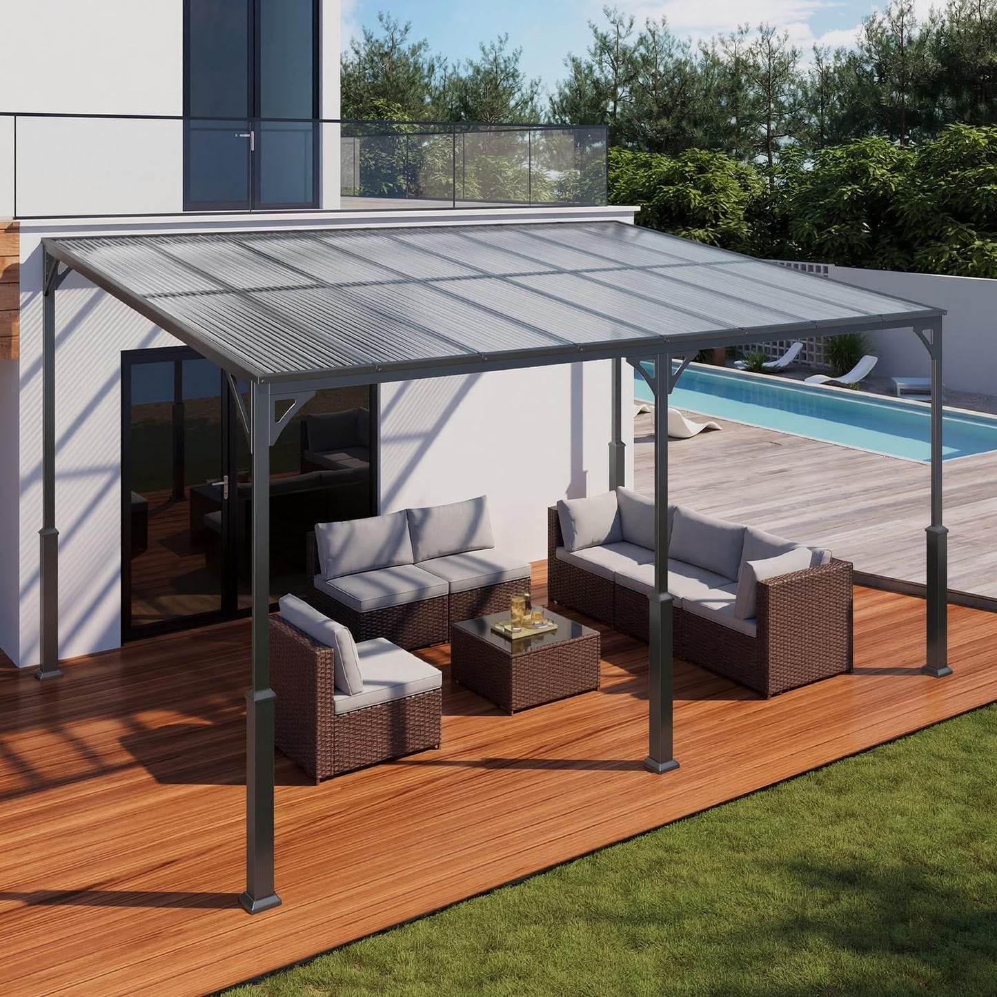 Ahomly 14' x 10' Wall-Mounted Lean-to Gazebo — Weather-Resistant Hard Roof, Reinforced Steel Frame, Heavy-Duty Patio Awning, 140 sq ft Shade for Patio, Deck, Backyard(Grey)
