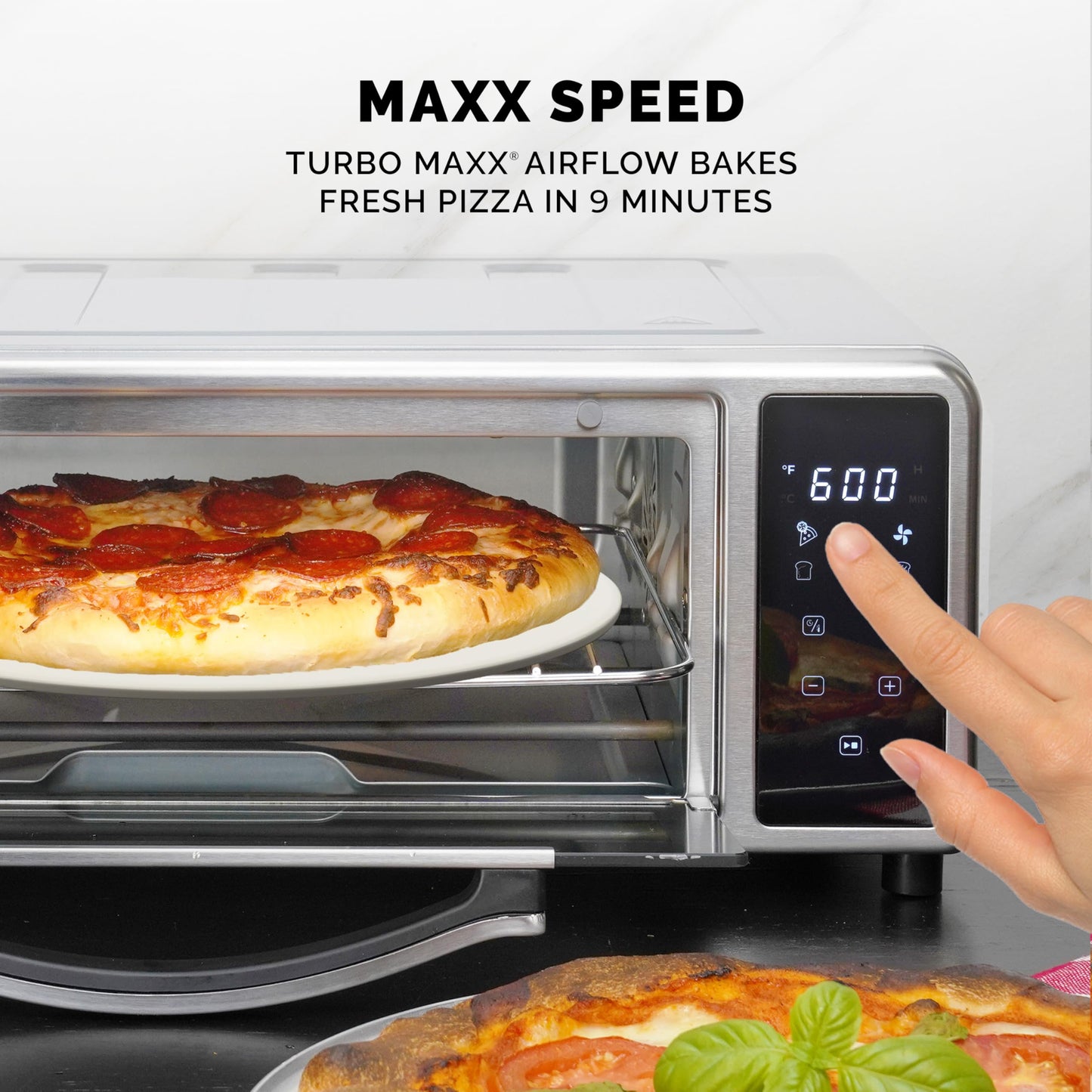 Kalorik MAXX Air Fryer Pizza Oven with Stone, Turbo-Heat Technology Up To 600F Featuring Touchscreen Controls with 6 Preset Functions Fits 12-Inch Pizzas, 1700-Watts, Stainless Steel