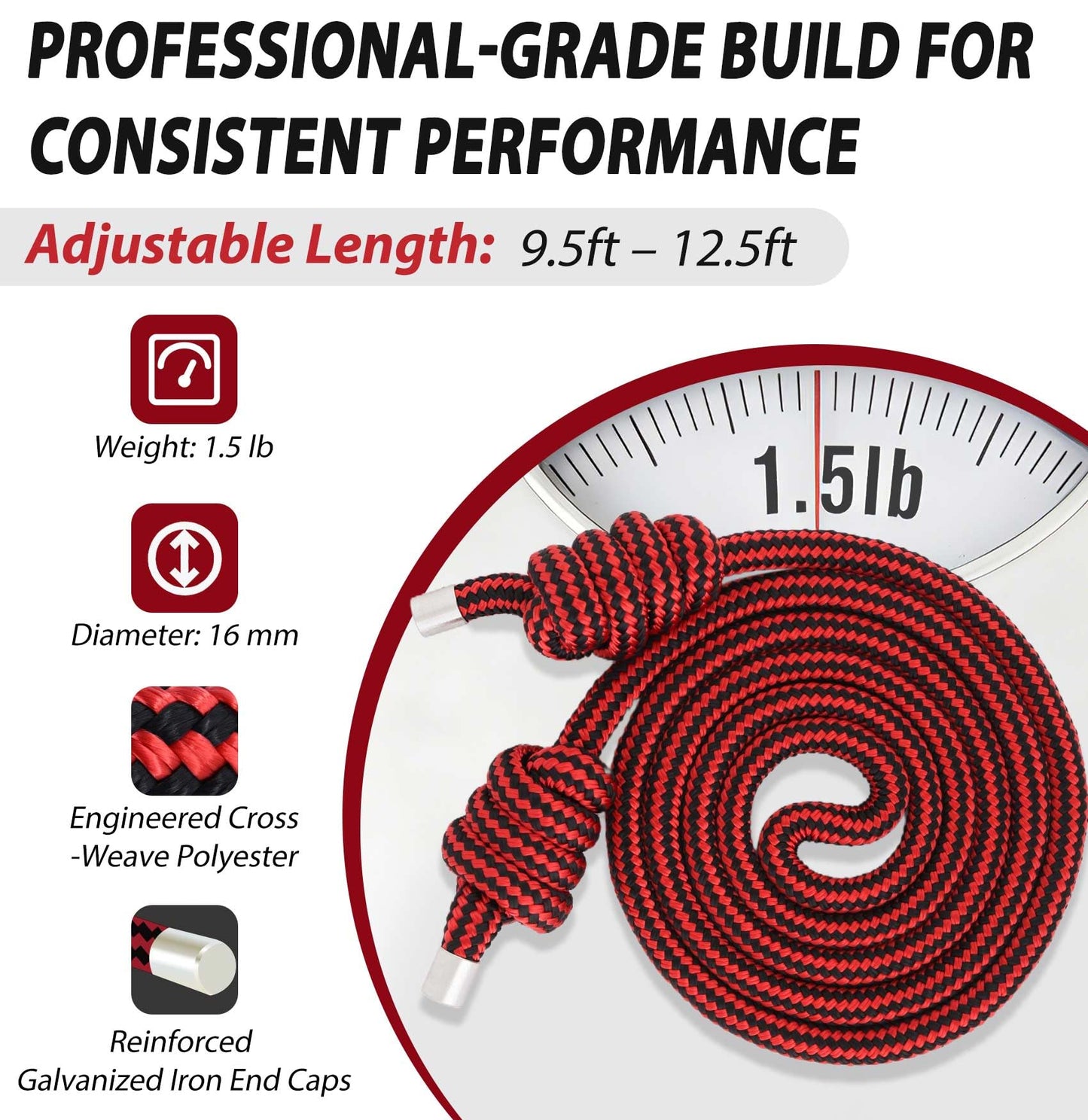 DEMPROS 1.5lb Weighted Flow Rope for Men & Women – Heavy Rope Training Tool for Mobility, Coordination & Low-Impact Cardio (Black Red Braid, 16MM)