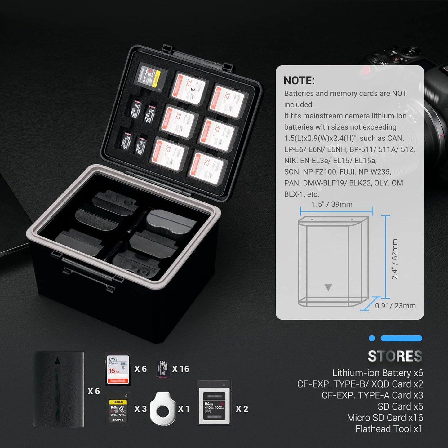 JJC LP-E6 EN-EL15C NP-W235 FZ100 16 6 3 2 Camera Battery and Memory Card Case with Labels,DSLR SLR Battery Organizer