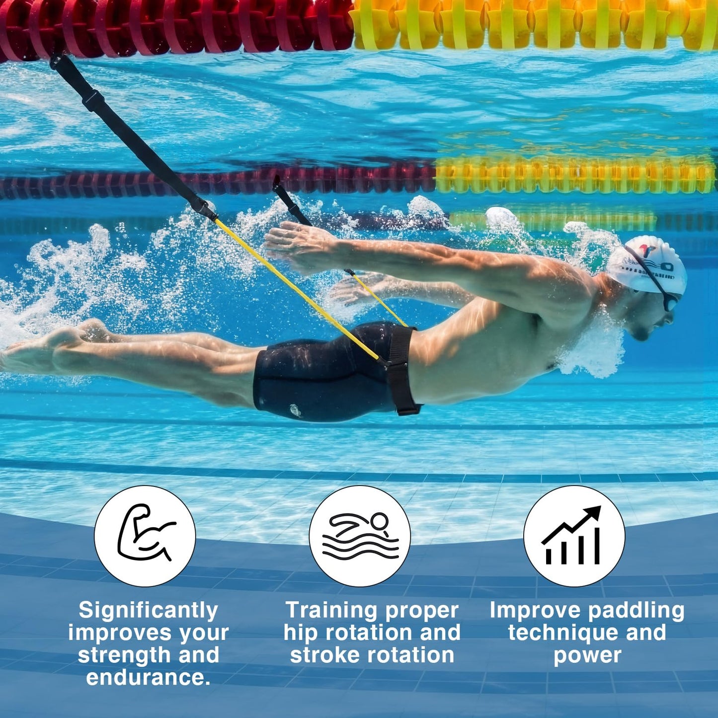 Outus Stationary Swim Trainer Swim Training Belt with 2 Bungee Cords, 2 Adjustable Buckle Straps, Mesh Storage Bag, Swimming in Place Harness for Swimming Pool Aquatic Resistance Water Exercise
