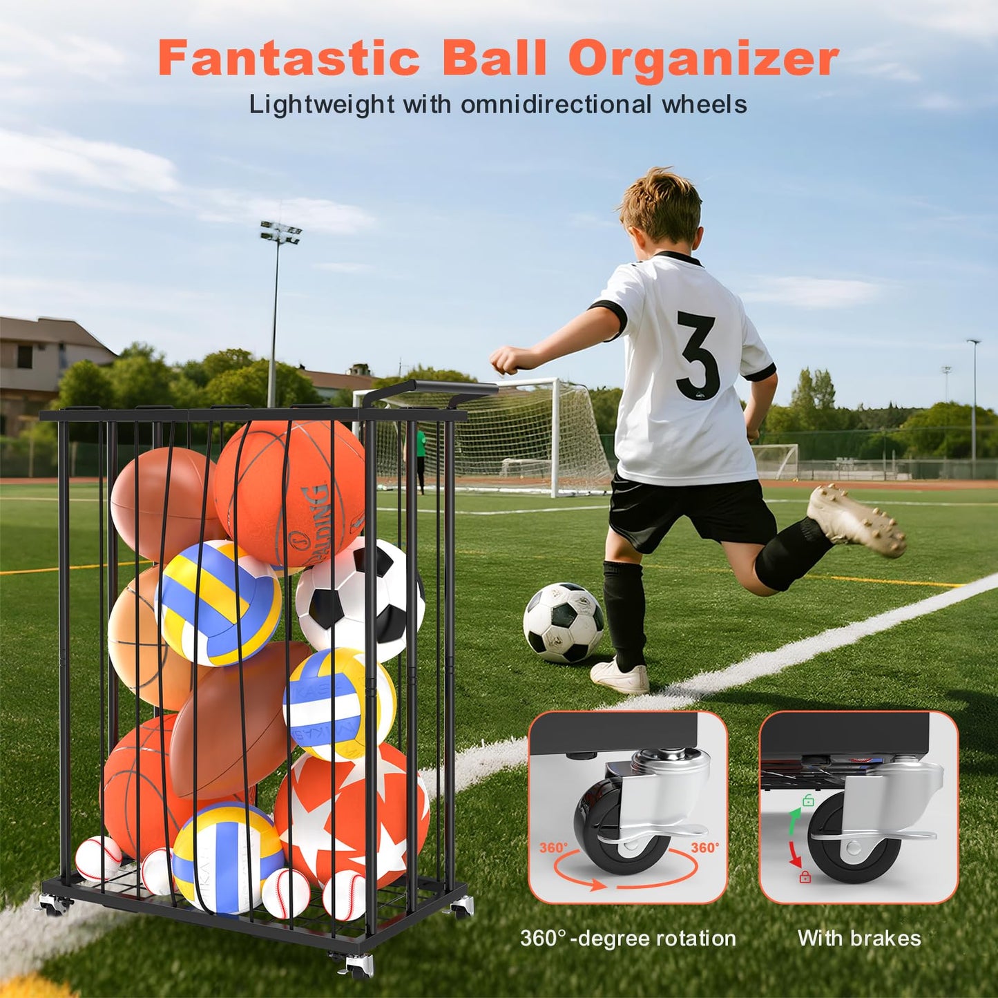 Multi-Functional Sports Storage Rack with Elastic Rope, Movable Racket Holders & Hooks - Heavy-Duty Organizer for Balls, Tennis/Badminton Rackets, Skateboard - Ideal for Garage, Home Gym & Playroom