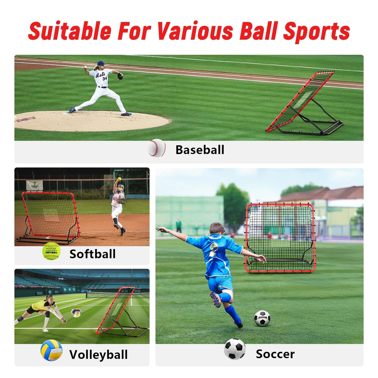 Baseball Rebounder,4x4.5FT Soccer Rebounder with 4 Adjustable Angles, 28 Bungee Cords to Adjust Elastic, Sports Equipment for Soccer/Baseball/Softball/Volleyball Training,Pitchback Net for All Levels
