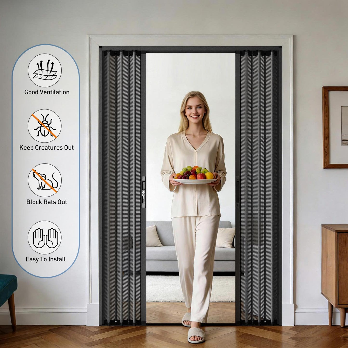 MAGZO Custom Aluminum Retractable Screen Door Middle Opening, Upgraded Heavy Duty Aluminum Frame & Sturdy Mesh with Security Lock, Easy Assemble