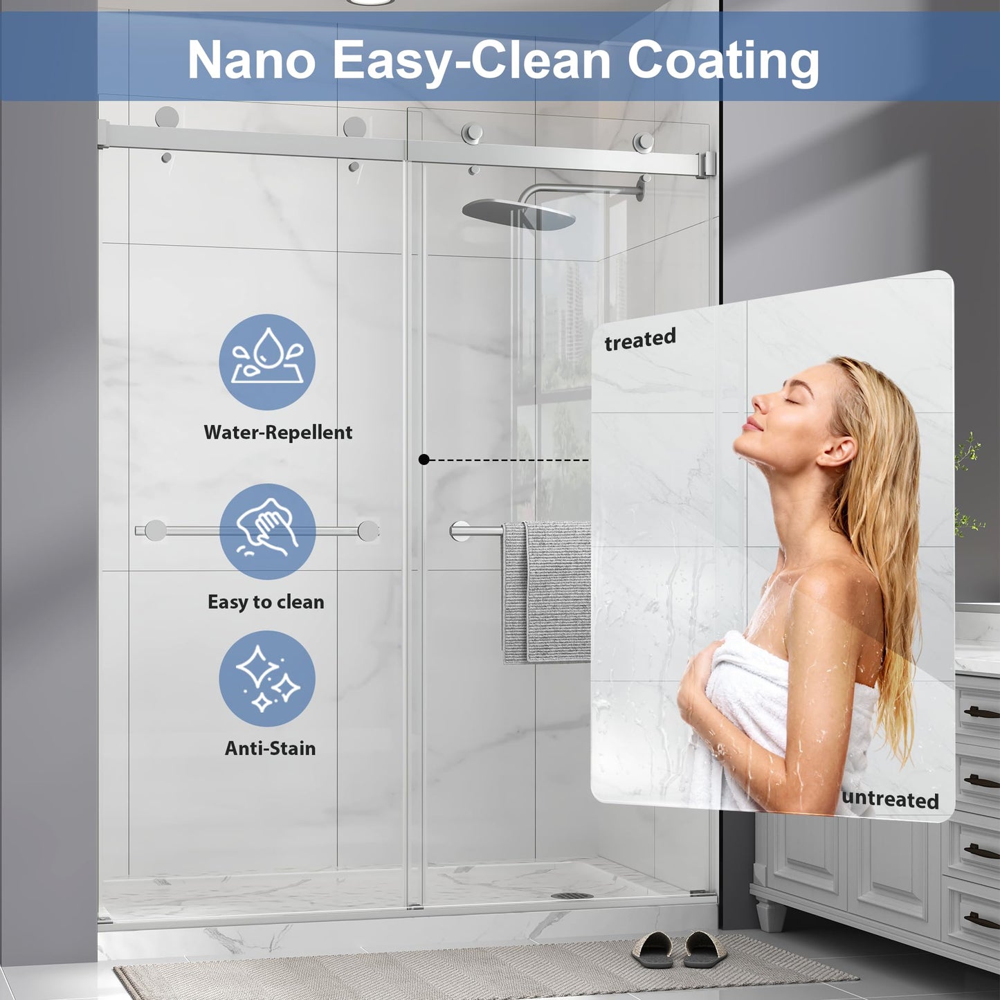 Frameless Double Sliding Shower Door 49-54" W x 72" H,1/4"(6mm) Tempered Glass with Safety Nano Explosion-Proof Film,Bypass Walk-in Shower Door,Brushed Nickel