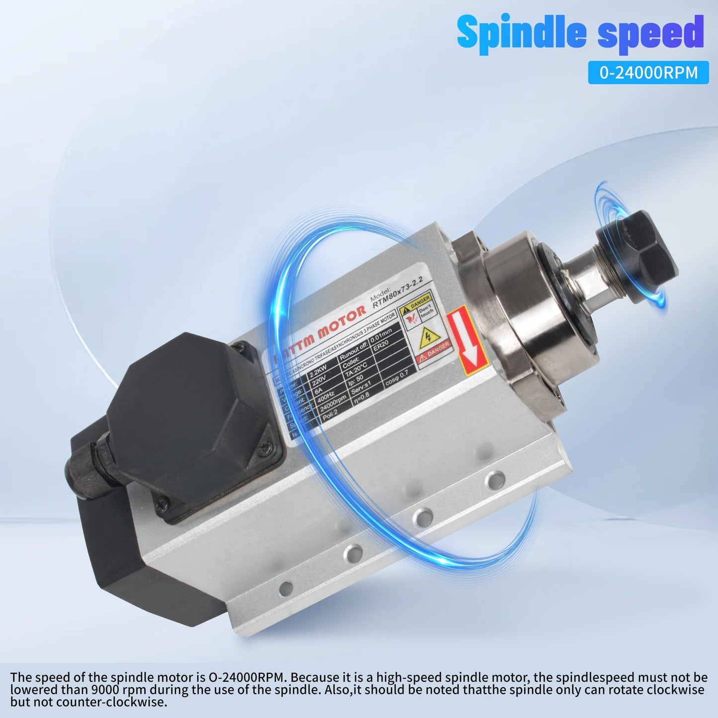 RATTMMOTOR 2.2KW Spindle Motor 220V Square Air Cooled ER20, 24000RPM High Speed Spindle 4 Bearings 3-Phase 6A 400Hz for CNC Router Engraver Milling Cutting Machine