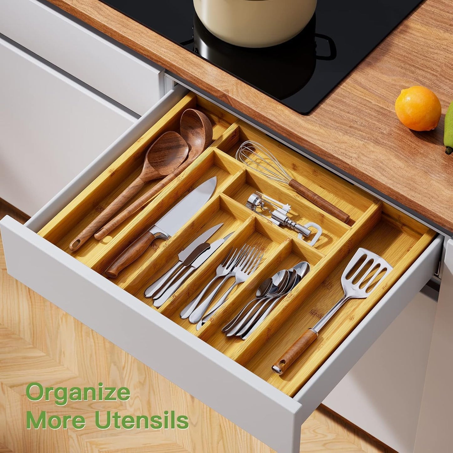 Pipishell Bamboo Silverware Drawer Organizer - Adjustable Utensil Tray for Kitchen & Home Storage