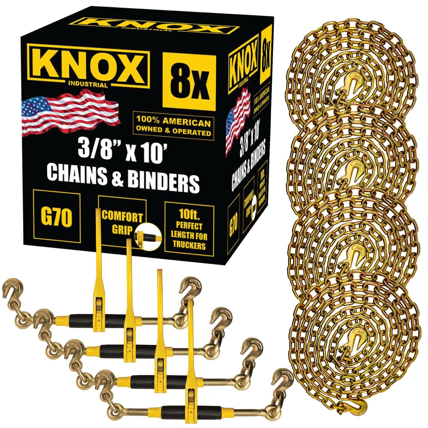 Knox Chain and Binder Kit 3/8in-1/2in, G70 Chains Ratchet Load Binders 9200lbs Working Strength, (4) Ratchet Binders and Chains, (4) 3/8in x 10ft G70, for Truck, Tie Down, Hauling, Towing