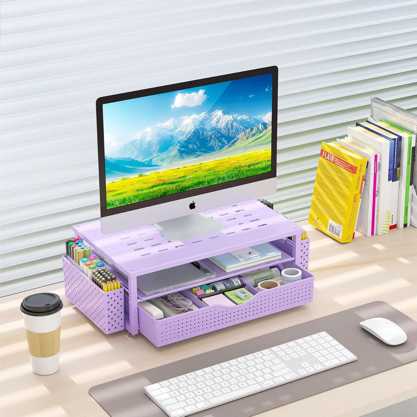 2 gianotter Desk Organizers and Accessories, Monitor Stand with Drawer and Pen Holder, Purple Desk Accessories