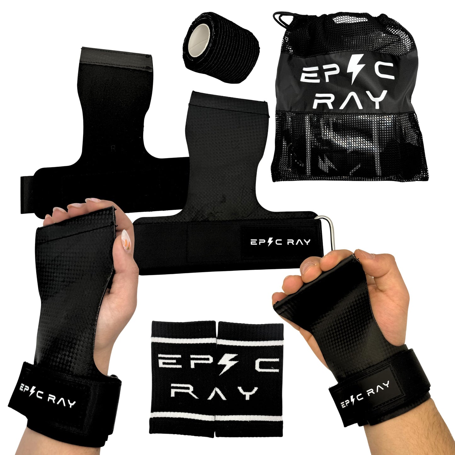 Carbon Microfiber Gymnastics Grips for Cross Training & Calisthenics – Hand Grips Kit with Wrist Wraps & Thumb Tape for Men and Women (M)