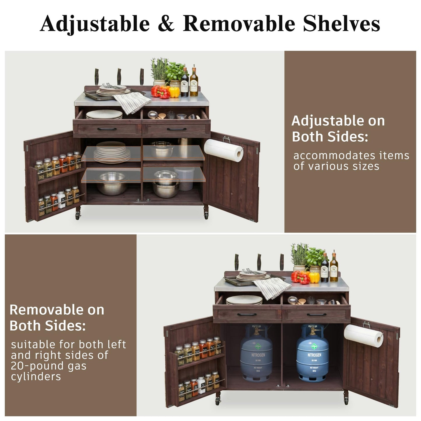 Merax Farmhouse 39.4" Grill Cart with Drawer, Storage Cabinet and Stainless Steel Top, Outdoor Grill Station w/Internal Racks & Lockable Wheels, Modular Kitchen Island for Food Prep & BBQ, Dark Brown