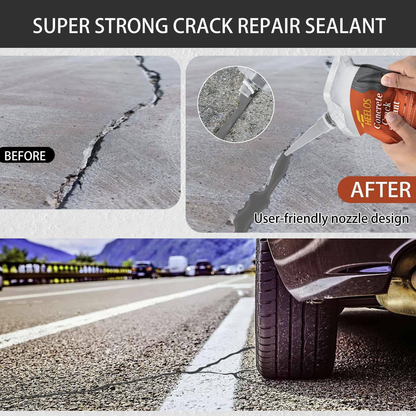 Concrete Crack Filler Self Leveling,6 Pack Slab Concrete Crack Sealant, High Elasticity Cement Crack Filler Repair Sealer, Waterproof Sealing Caulking Adhesive for Driveway, Patio, Sidewalk(Grey)