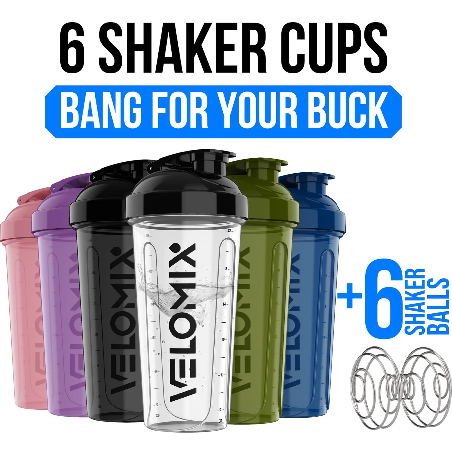 VELOMIX -6 PACK- 28 oz Protein Shaker Bottle for Protein Mixes -6x Wire Whisk | Leak Proof Shaker Cups for Protein Shakes | Large, Stackable Protein Shaker Bottle Pack