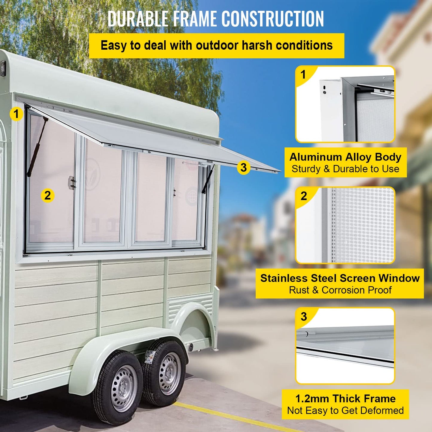 VEVOR Concession Window for Food Trucks Concession Trailers, 53 x 33 inch, Aluminum Alloy, with 4 Horizontal Sliding Screen Windows & Awning Door & Drag Hook