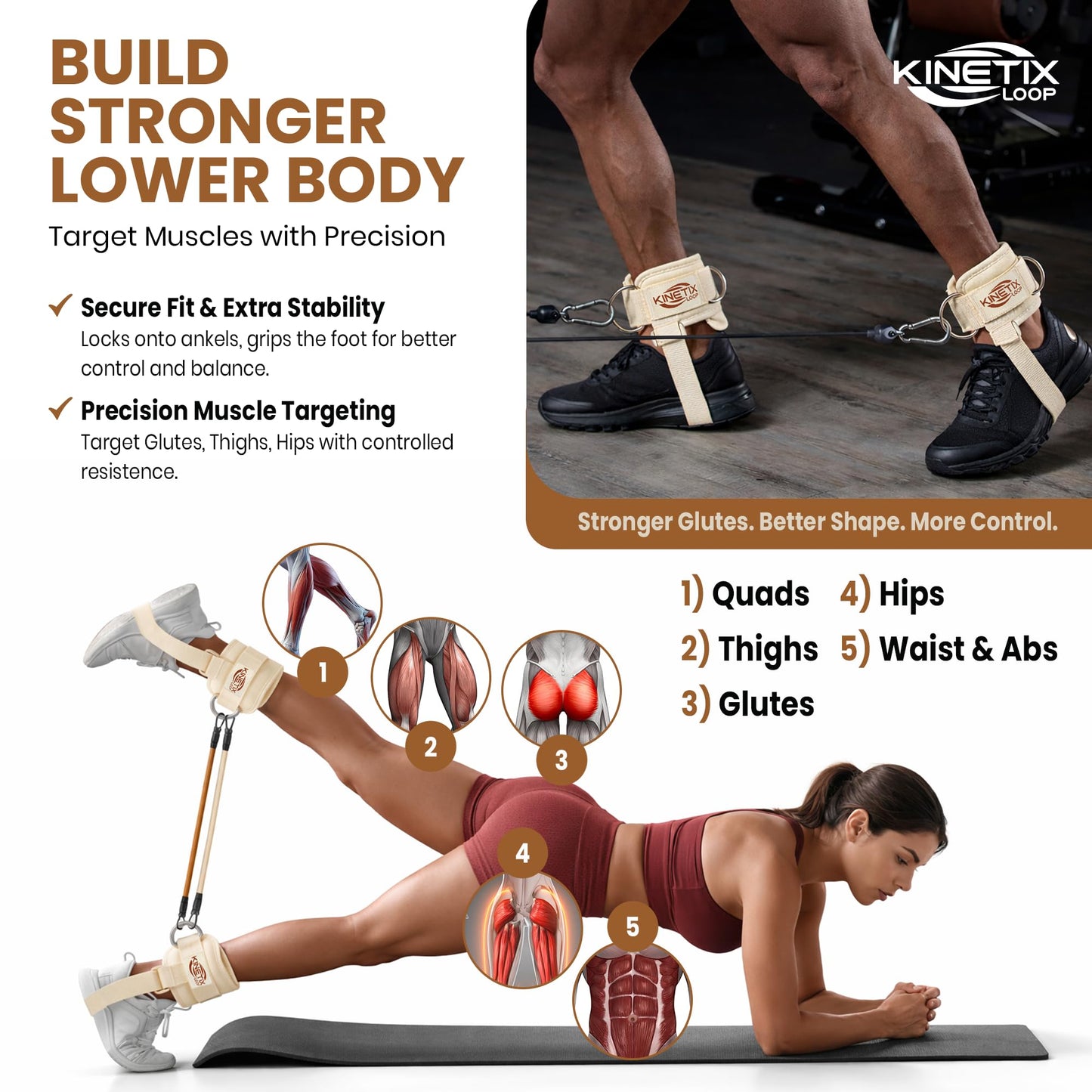 Kinetix Loop Ankle Resistance Bands with Cuffs – 3-Level Latex Exercise Bands for Glutes, Kickbacks & Hip Training | Neoprene Padded Ankle Cuffs for Women & Men | Home Gym Workout Set with Mesh Bag