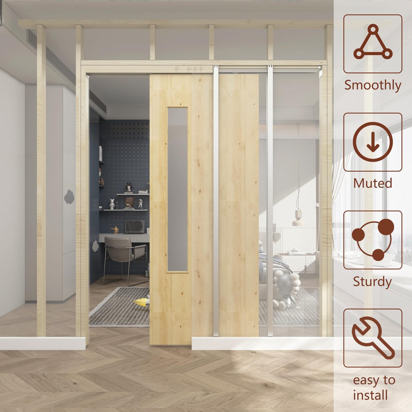 SongYung 24"-36"x 96" Pocket Door Frame Kit with 98LBS Soft Close Mechanism,Aluminum Track Hardware Suitable for Doors Wide 24"-36",2X4 Studs Wall,Smoothly and Quietly Easy to Install