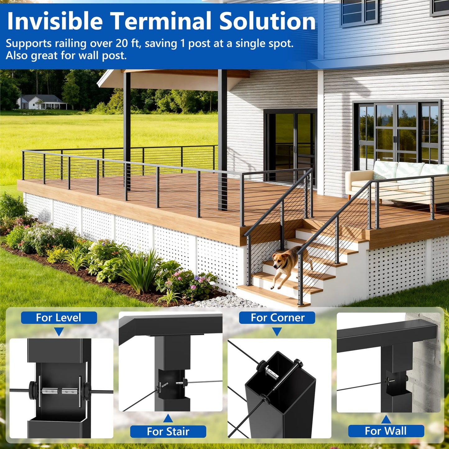Zylorix 20 Pack Swageless Invisible Cable Railing Hardware, No-Crimp Reusable T316 Stainless Steel Fixed End Terminal for 1/8" & 1/10" Black Cable, 2"x2" Metal Level/Corner/Stair Post Deck Railing
