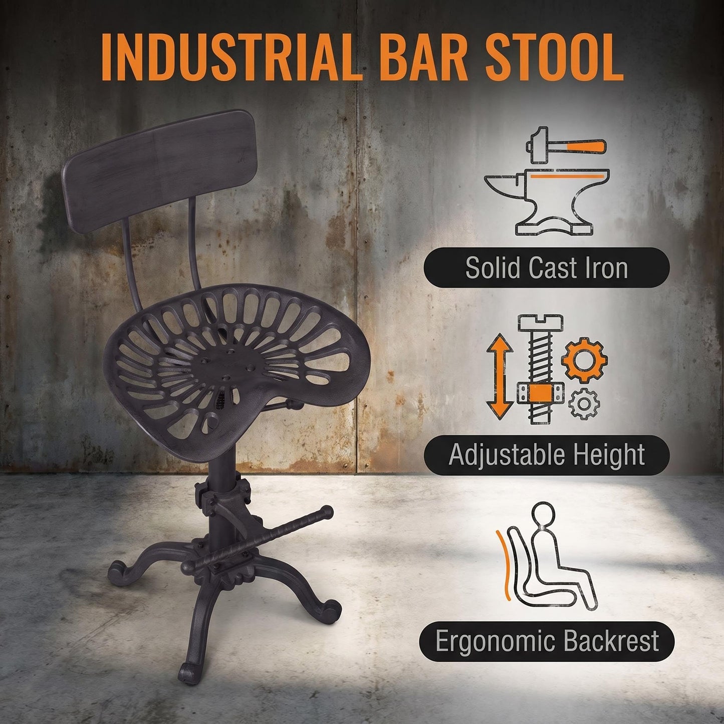 Diwhy Industrial Design Metal Adjustable Height Backrest Chair Vintage Tractor Saddle Bar Stool Rust