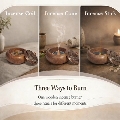 Acacia Wood Incense Burner for Cones & Coils, with Sticks Holder - 3-in-1, Zen Meditation Yoga Home Room Decor