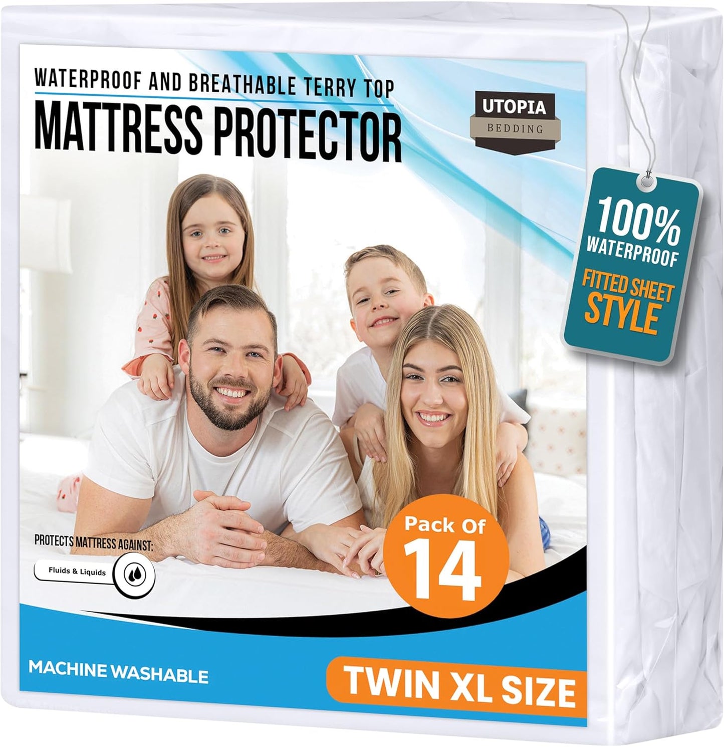 Twin XL Size Mattress Protector Waterproof 14 Pack, Premium 200 GSM Terry Mattress Cover, Soft & Breathable Bed Cover, Fitted Sheet Style Stretchable Deep Pockets 15" by Utopia Bedding (White)