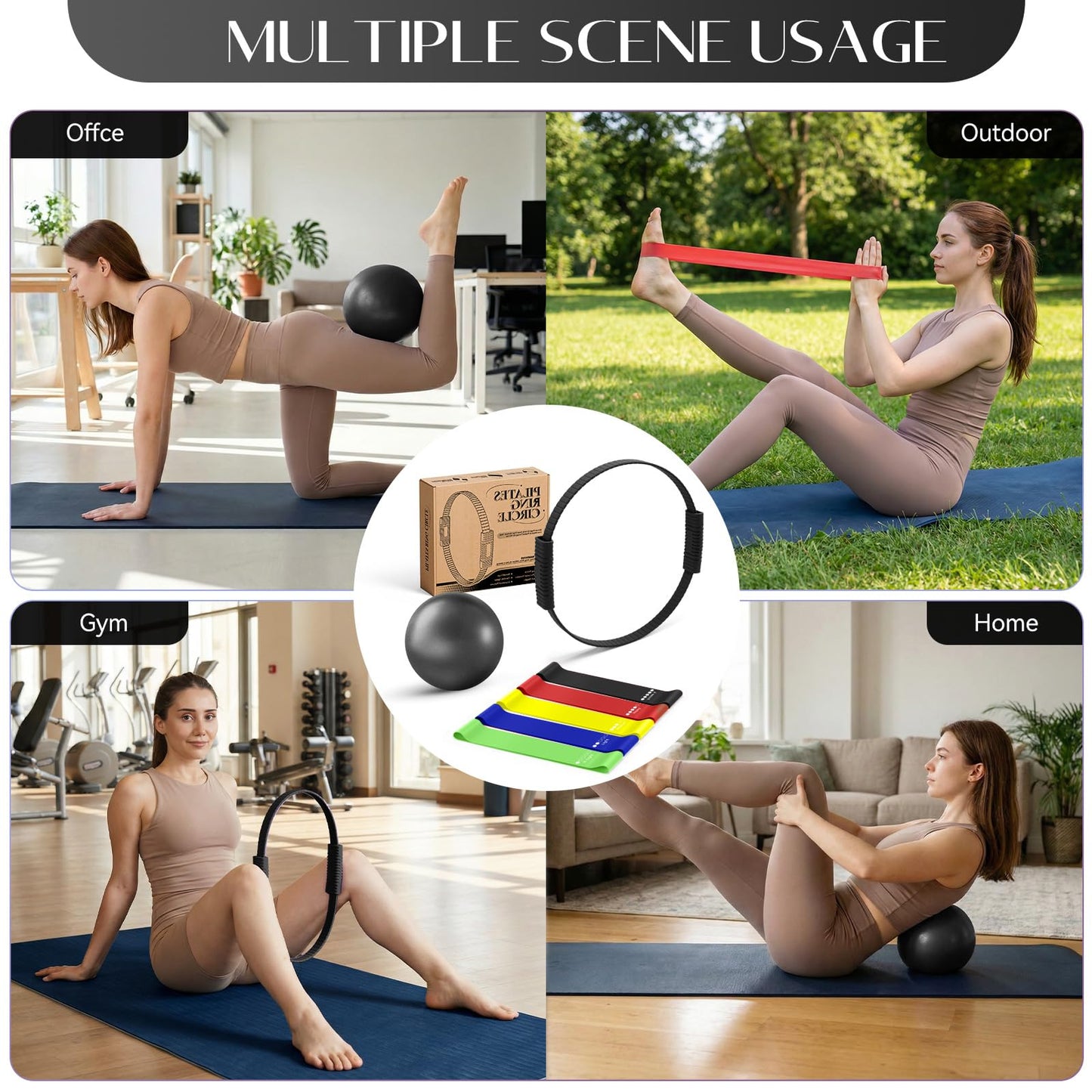 LTHTRADE Pilates Ring Set for Women, Pilates Ring and Ball Set with 5-Level Resistance Bands for Core Strength, Stretching, Toning & Full Body Home Workout Pilates Equipment (Black)