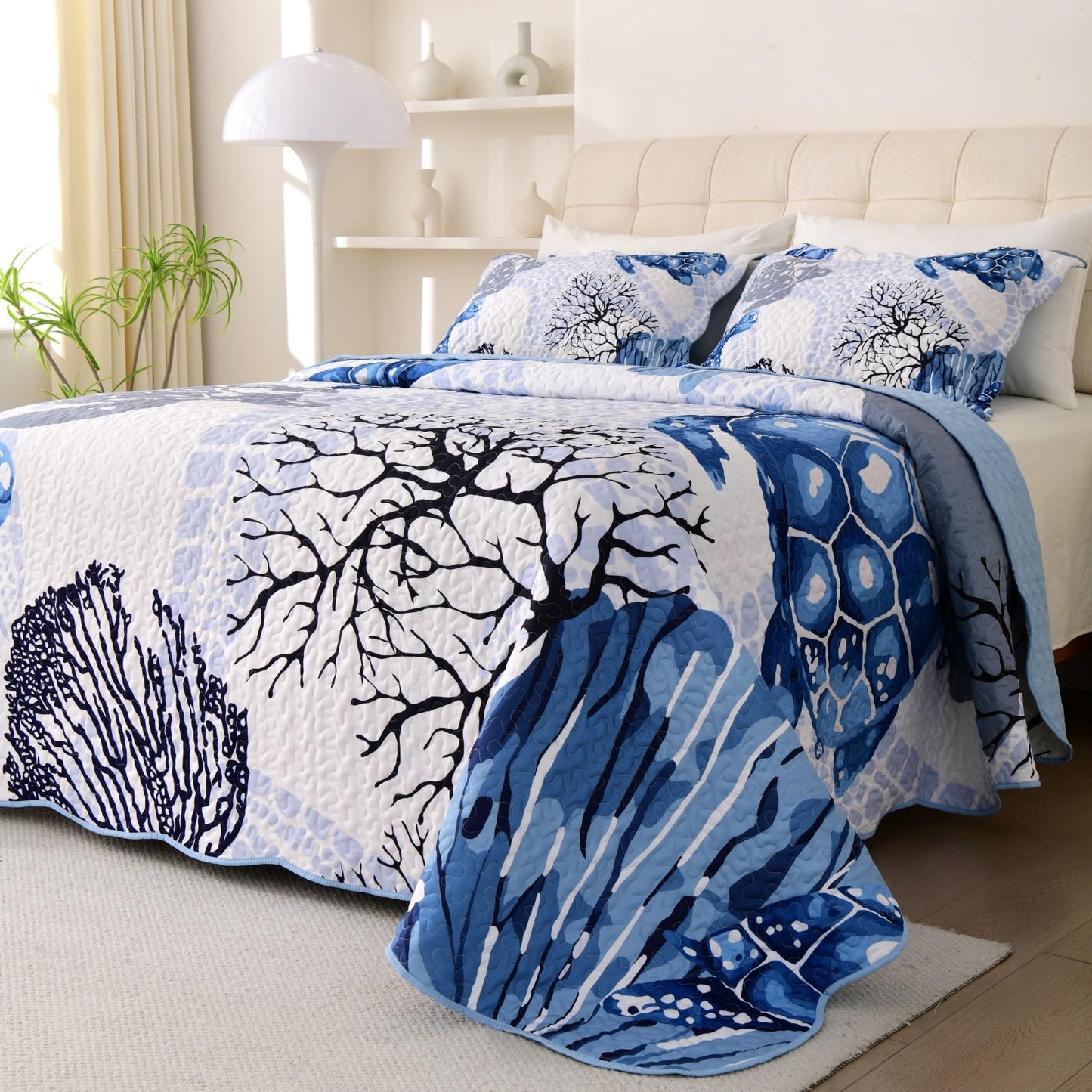 3 Piece Coastal Quilt Set King Size,Soft Lightweight Ocean Quilt,Beach Turtle Starfish Coral Printed Bedspread Bed Set with 2 Shams,Summer Quilt Bedding Set for All Season (106”x96”,Navy Blue)