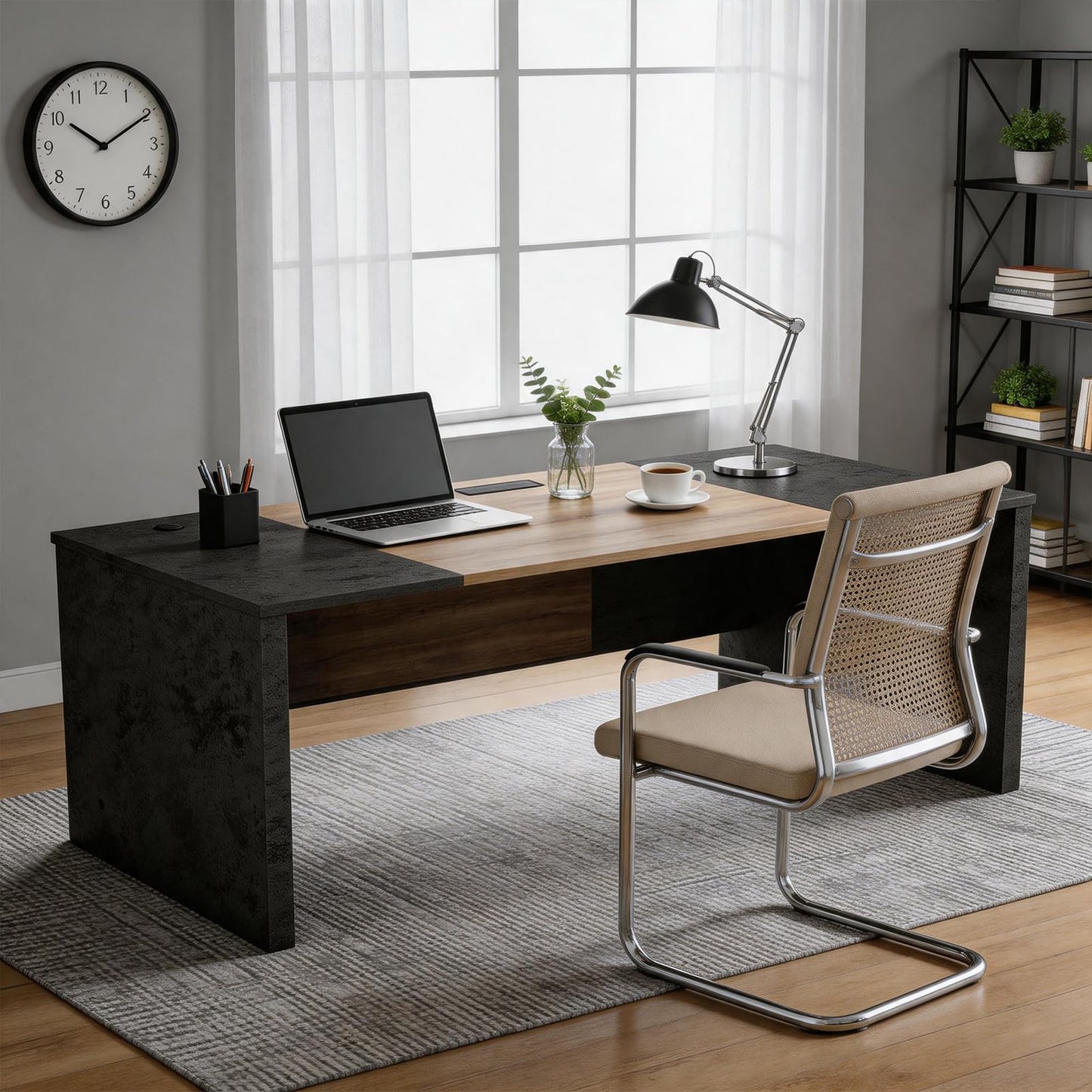 SAINTCY Executive Office Desk with Mobile File Cabinet, L Shaped Desk with Power Outlet & Drawers, Modern Wood Office Desk for Home Office, Studio & Business Workspace (Mahogany, 78.75" W)