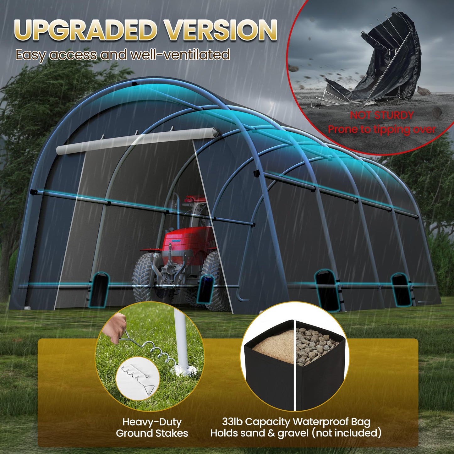 Kiss the Water Heavy Duty Domed Carport with 4 Cloth Bags and 2 Roll-up Doors, Portable Garage Storage Shelter Shed for Cars, Truck, or Garden Tools, 13' x 20'