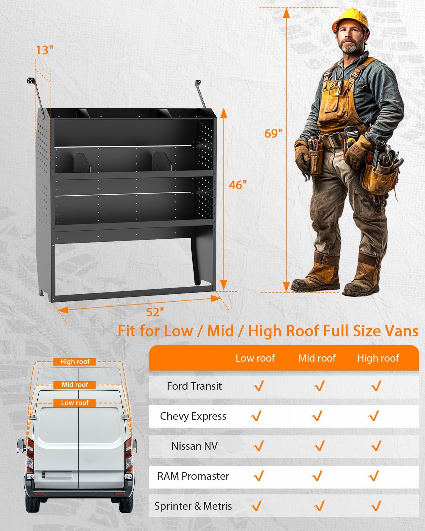 MELIPRON Van Shelves Fit Ford Transit, RAM ProMaster, Chevy Express, Nissan NV, Sprinter, Steel Cargo Van Shelving Storage System, 52" W x 46" H x 13" D