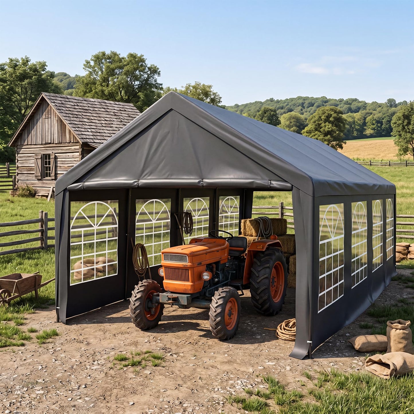 Carport 13x26 FT Heavy Duty Carport Canopy, Reinforced Steel Frame Car Tent Garage with 6 Windows, Waterproof & UV-Resistant Car Shelter, Portable Garage All-Season Tarp for Car/Truck/Boat Grey
