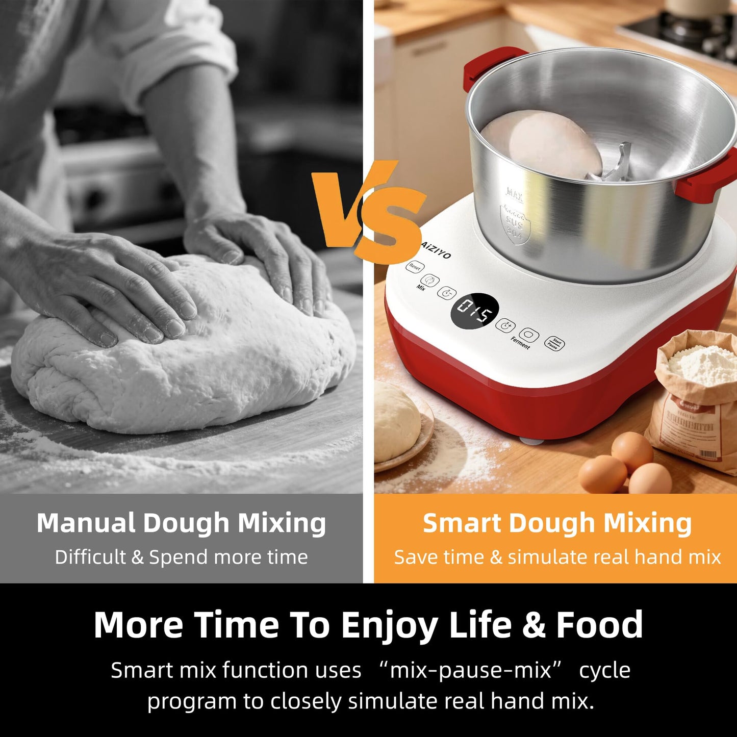 AIZIYO DoughChief, 5.3QT Dough Mixer, Dough Maker with Ferment Function, Touch Panel Control, 304 Stainless Steel Bowl, Removeable lid, Dough Proofing Box for Pizza, Bread, Pasta & Mochi