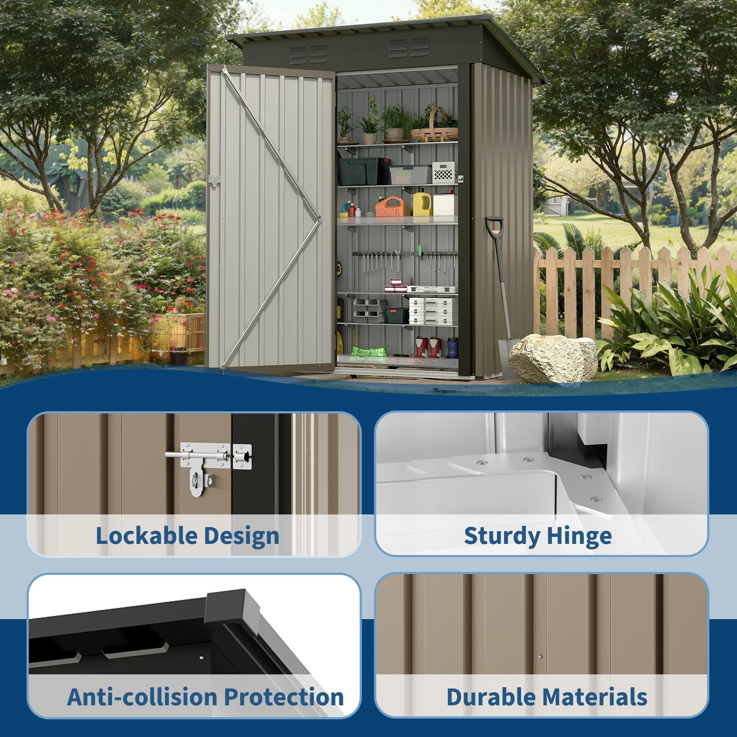 5x3FT Metal Storage Shed with Sloped Roof, Lockable Doors, Solar Light, Windows, and Vents, Outdoor Storage Sheds for Garden, Backyard, Patio Tools and Equipment
