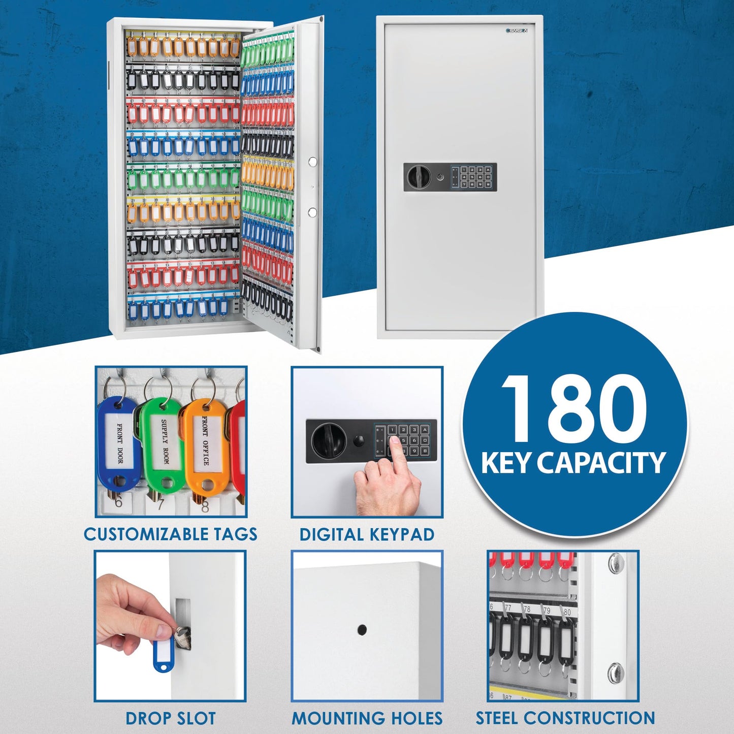 Barska Digital Keypad Wall-Mount Key Cabinet Safe – Steel Lockbox with Pry-Resistant Deadbolts, Holds 180 Keys, Key Deposit Slot, Security Organizer for Home, Office, Business