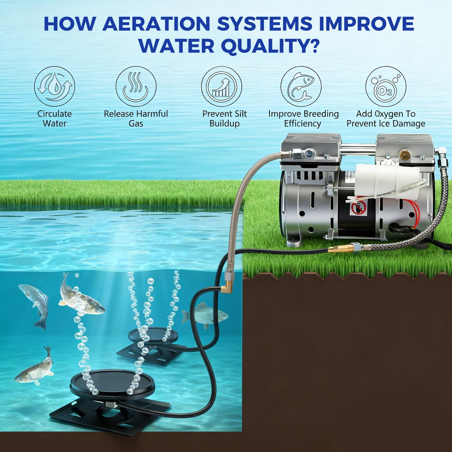 PEAKROCK 3/4 HP Rocking Piston Pond Aeration System for 3 Acre Lakes - 5.76 CFM, 100' Weighted Airline, 2 Diffusers & 2 Braided Connectors Deep Water Oxygenation