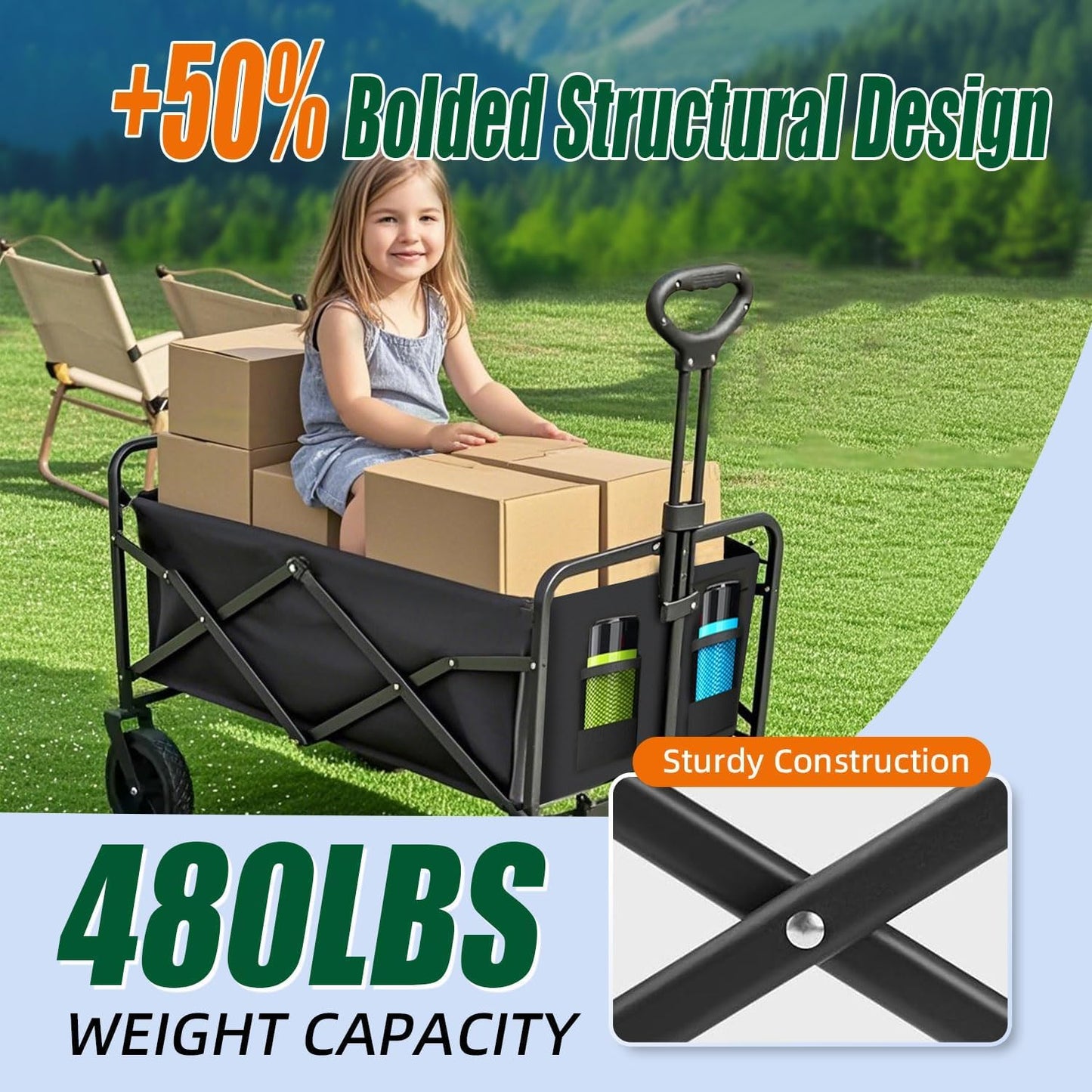 Joxir Collapsible Wagon Cart Foldable 37" L 480lbs Capacity, Heavy Duty Beach Wagon, Shopping Carts with Wheels for Grocery, Camping, Shopping, Fishing, Garden Cart